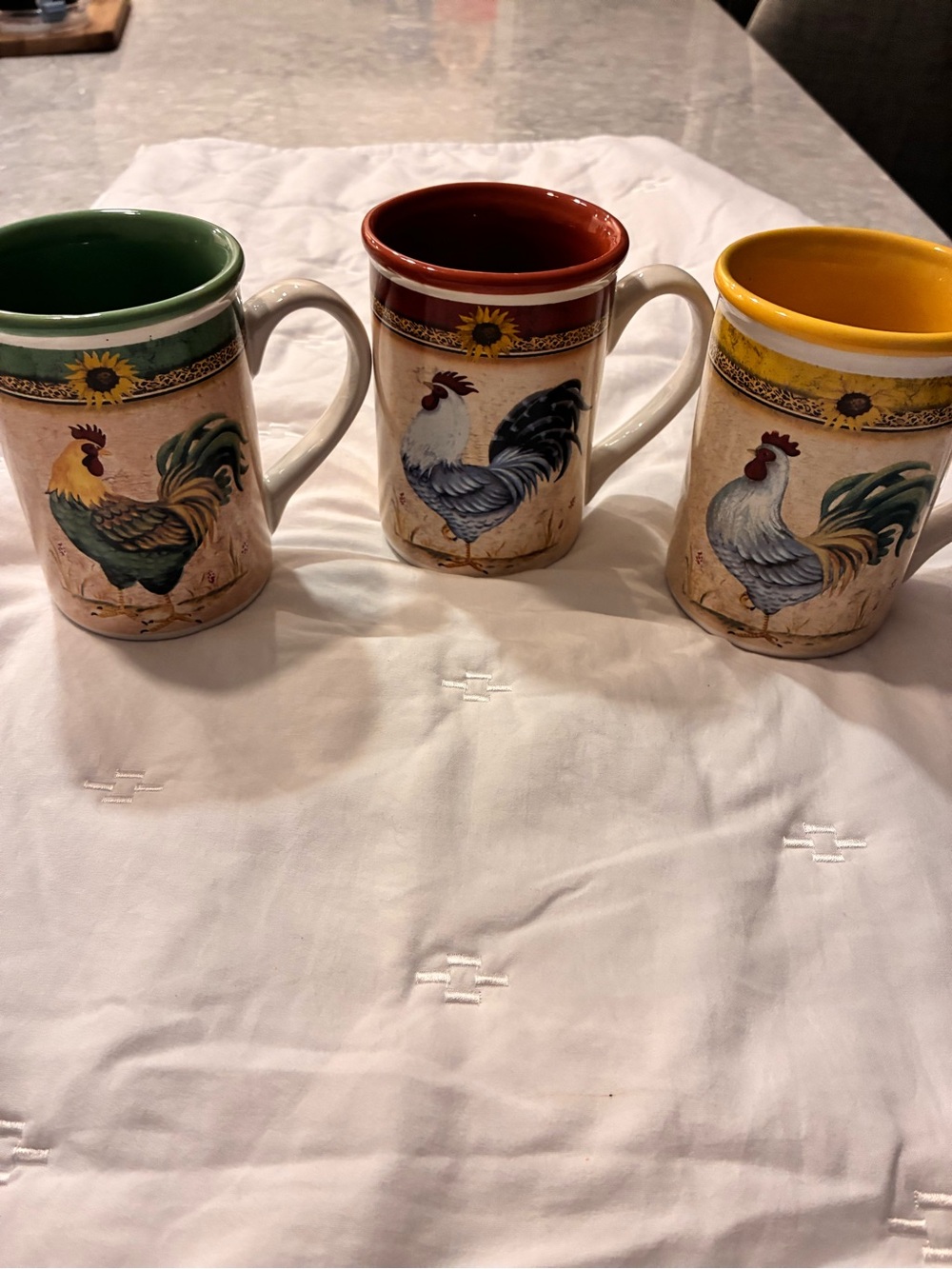 Gibson Rooster Ceramic Mugs with Green, Red, and Yellow Interiors “Morning Call”